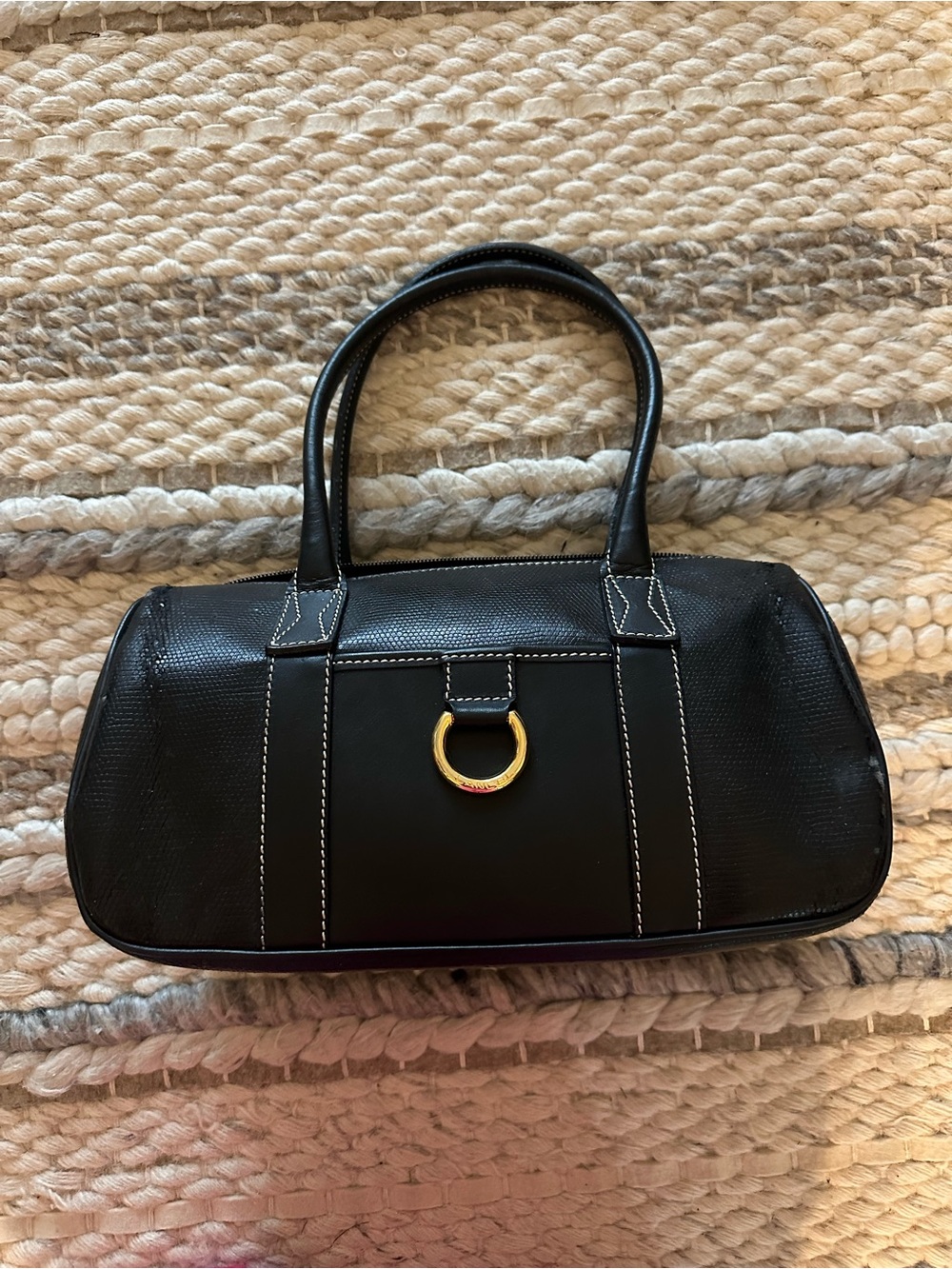 Lancel Black Leather Top-Handle Satchel with Gold Ring Accent